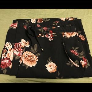 Floral pants, wide leg relaxed pull on black pants